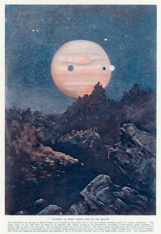 O planeta Júpiter como visto de uma de suas luas (cor litho) de English School