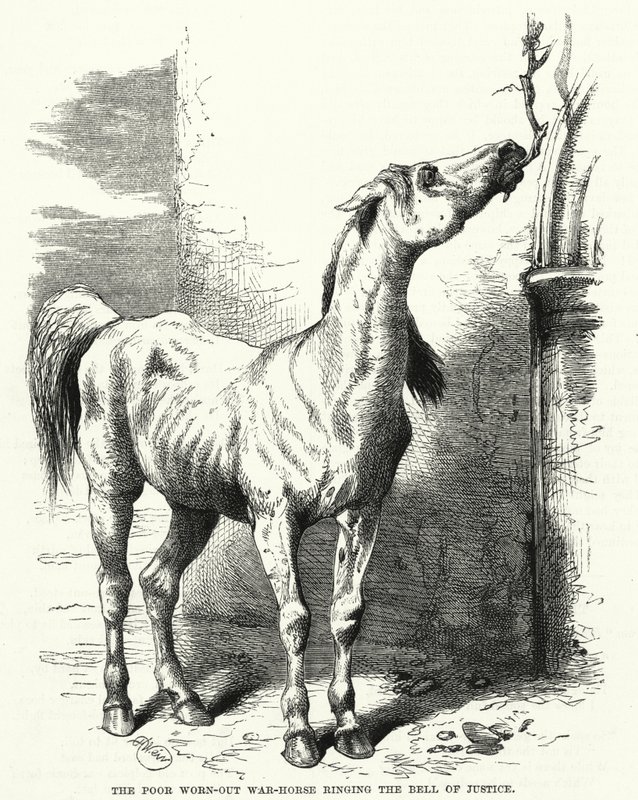 O pobre cavalo de guerra gasto a tocar o sino da justiça (gravura) de English School