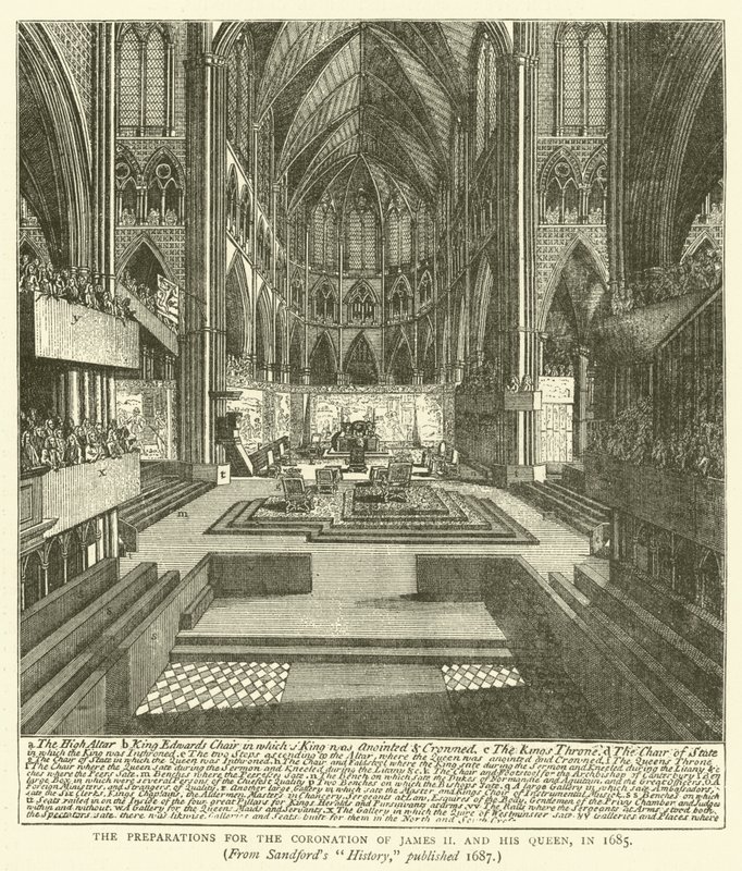 Os preparativos para a coroação de Tiago II e Sua Rainha, em 1685, a partir da "História" de Sandford, publicada em 1687 (gravura) de English School