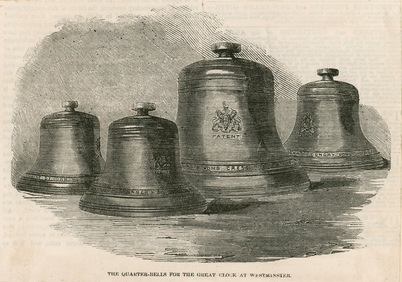 O quarto bells para o grande sino (Big Ben) na torre do relógio de English School