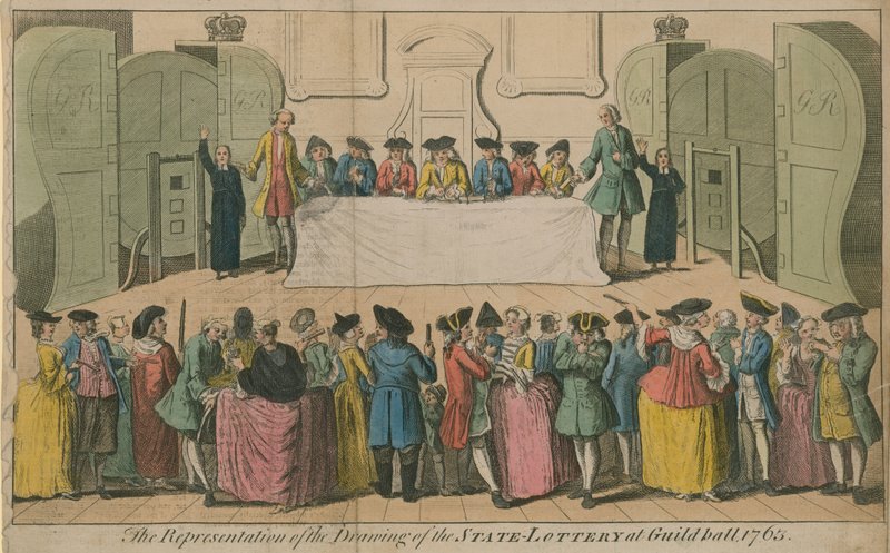 A representação do desenho da Loteria do Estado em Guildhall, 1763 de English School