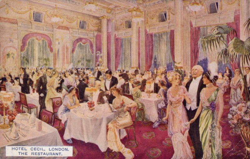 O restaurante, Hotel Cecil, Londres (litografia a cores) de English School
