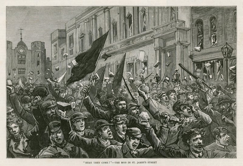 Os tumultos no West End de Londres, 8 de fevereiro de 1886: Here They Come! - A multidão na rua St Jamess, em Londres de English School