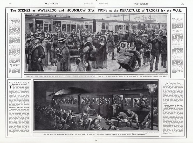 As cenas nas estações Waterloo e Hounslow na partida das tropas para a guerra, Primeira Guerra Mundial, agosto de 1914 de English School