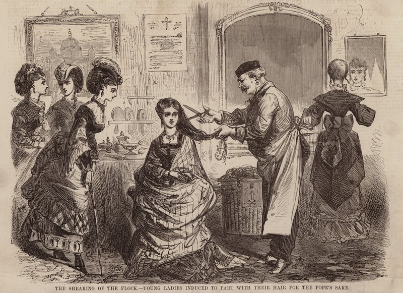 A tosquia do rebanho, jovens senhoras induzidas a separar o seu cabelo por causa do Papa (gravura) de English School