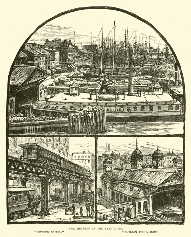 O transporte no East River; Ferrovia elevada; Hamilton Ferry-house de English School