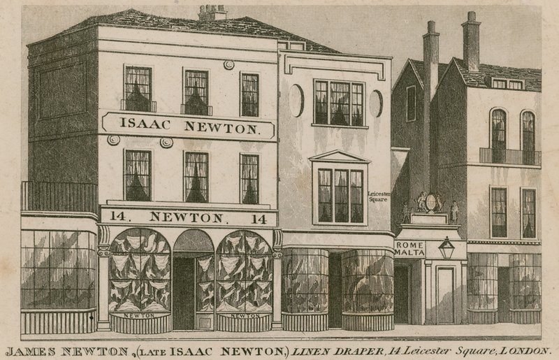 A frente da loja de Isaac Newton, pano de linho de 14 Leicester Square, Londres de English School