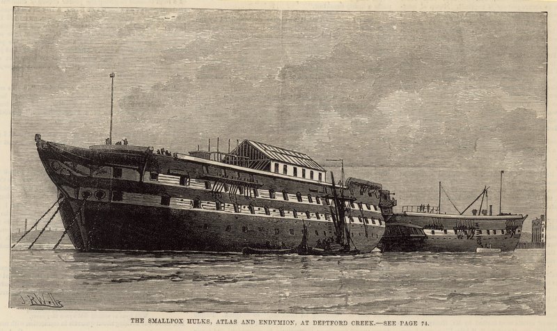 A varíola hulks, Atlas e Endymion, em Deptford Creek de English School
