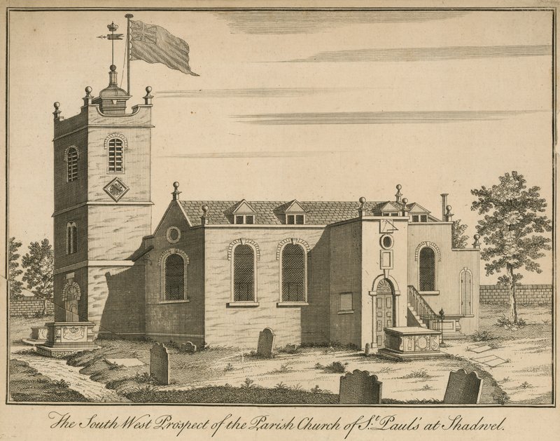 A perspectiva do sudoeste da Igreja Paroquial de St Pauls em Shadwell, Londres de English School