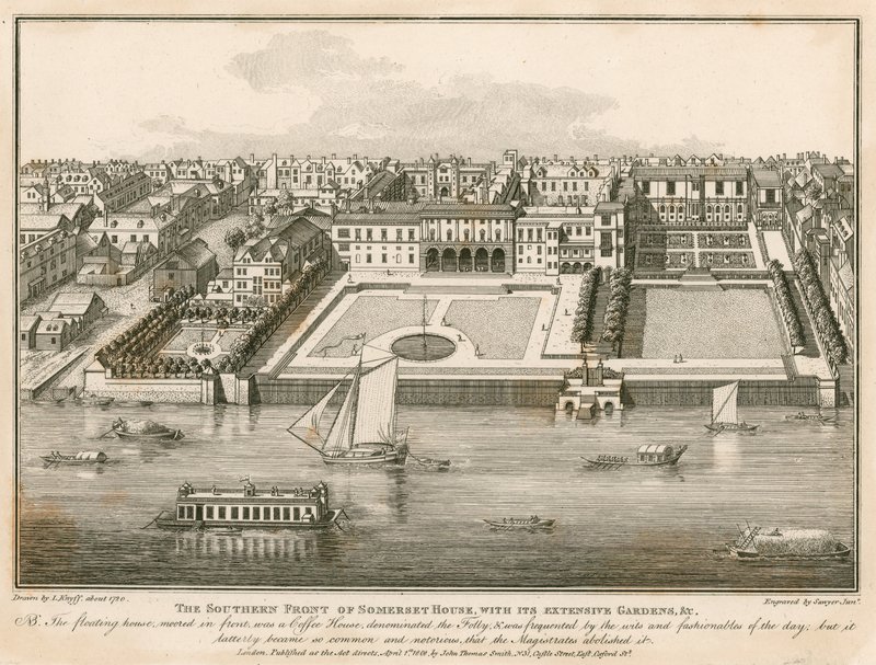 A frente sul da Somerset House com seus extensos jardins de English School
