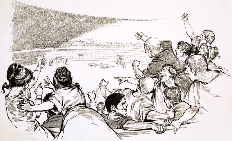 O espectáculo da arena gladiatorial da Roma antiga (guache no papel) de English School