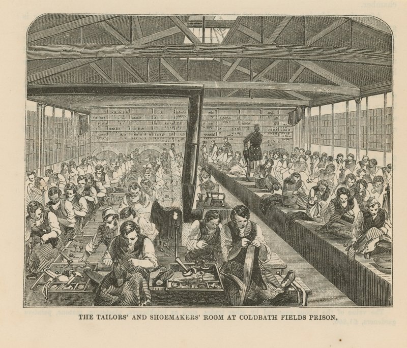 A sala de alfaiates e sapateiros da prisão de Coldbath Fields de English School