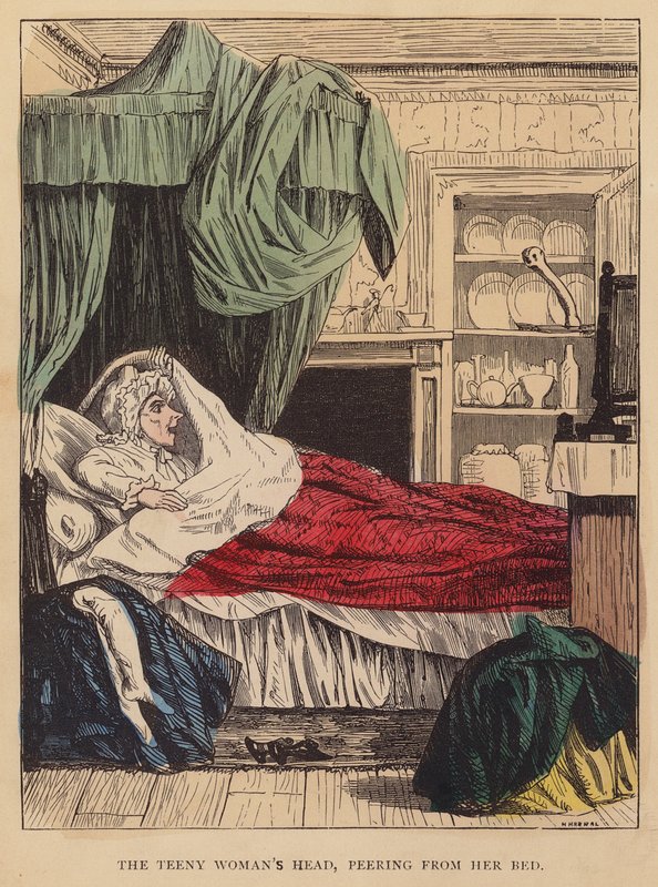 A cabeça da mulher pequenina, a espreitar da cama (litografia a cores) de English School