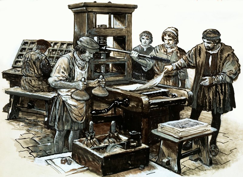 A terceira impressora em Inglaterra foi criada em St. Albans em 1480 (guache em papel) de English School