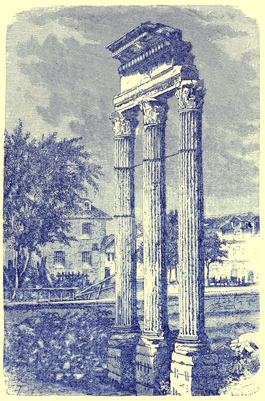 As três colunas no Templo de Castor, ilustração da História de Roma por Victor Duruy, publicado em 1884 (imagem digitalmente aprimorada) de English School