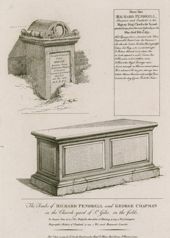 Os túmulos de Richard Pendrell e George Chapman no cemitério de St Giles nos campos, Londres de English School