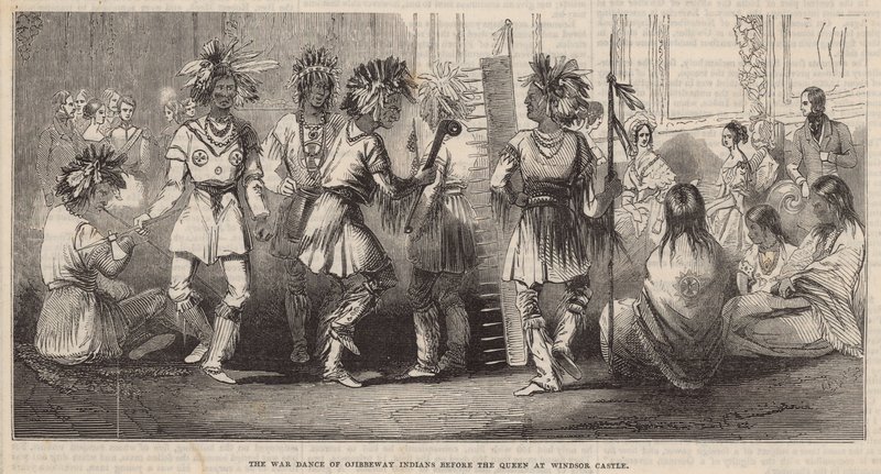 A dança de guerra dos índios Ojibbeway antes da Rainha no Castelo de Windsor de English School