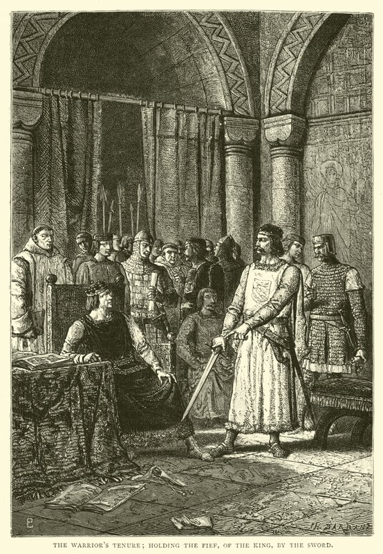 A posse dos guerreiros; segurando o feudo, do rei, pela espada de English School