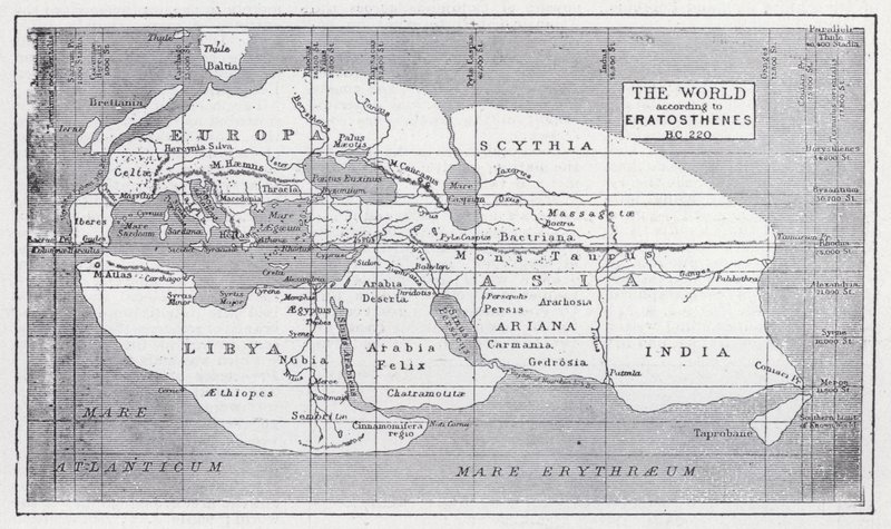 O mundo de acordo com Eratóstenes, BC 220 (litho) de English School