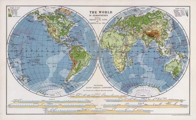 O mundo em hemisférios mostrando a altura da terra e a profundidade do mar (lito colorido) de English School