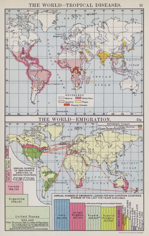 O mundo, doenças tropicais, O mundo, emigração (litografia a cores) de English School