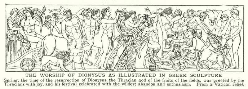 A adoração de Dionísio, como ilustrado na escultura grega (litho) de English School