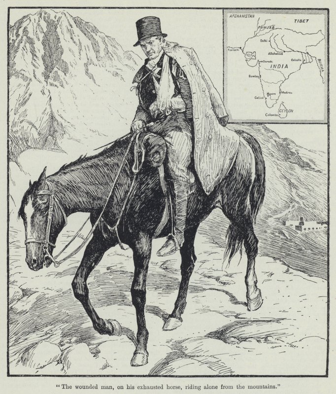"O homem ferido, no seu cavalo exausto, cavalgando sozinho desde as montanhas" (litografia) de English School