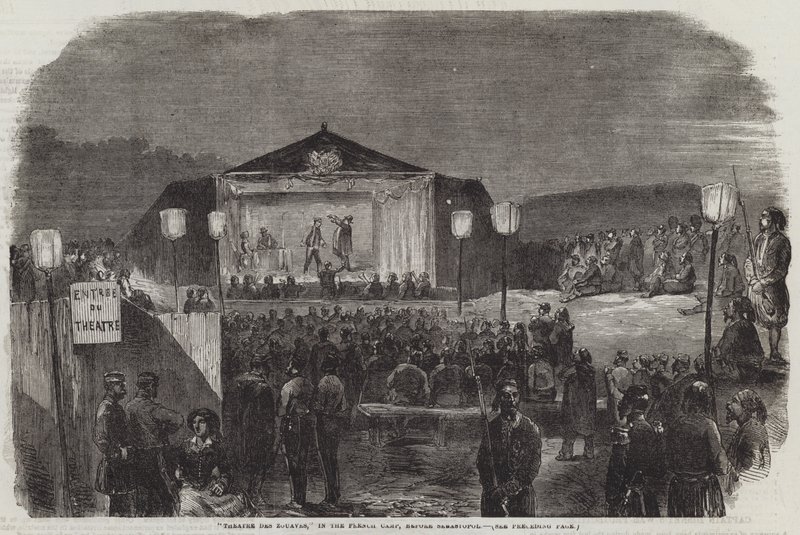 "Theatre des Zouaves", no acampamento francês, antes de Sebastopol (gravura) de English School
