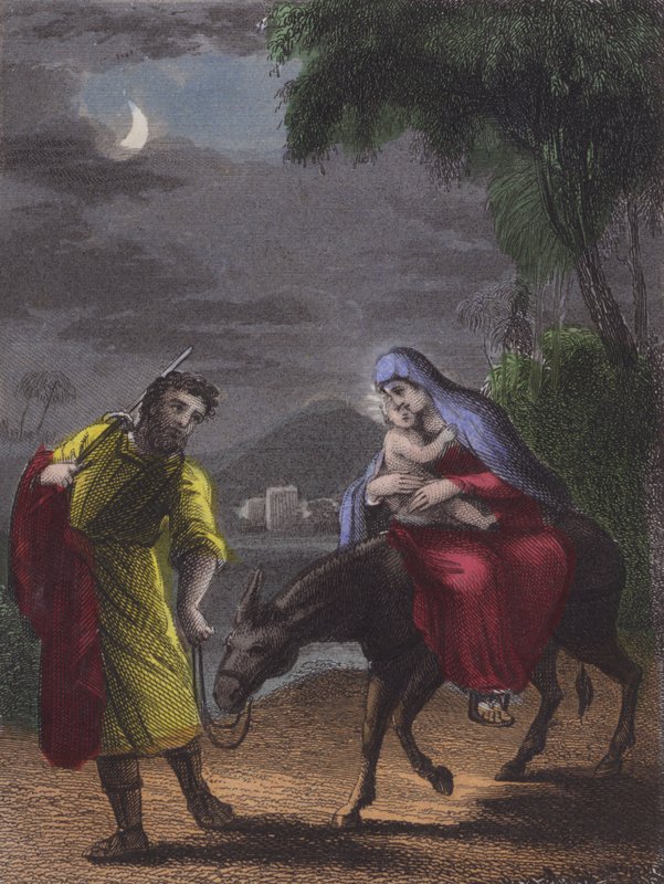 Depois erguer e fugir, para o Egipto fugir, com velocidade ... (gravura colorida) de English School
