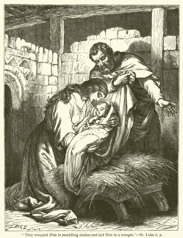 "Envolveram-no em faixas e deitaram-no numa manjedoura", São Lucas, ii, 7 (gravura) de English School