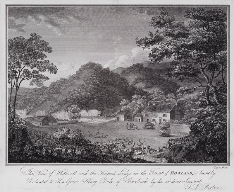 Esta Vista de Whitewell e da Loja do Guardião na Floresta de Bowland, é humildemente dedicada a Sua Graça Henry Duque de Buccleuch, pelo seu obediente Servo J L Parker (gravura) de English School