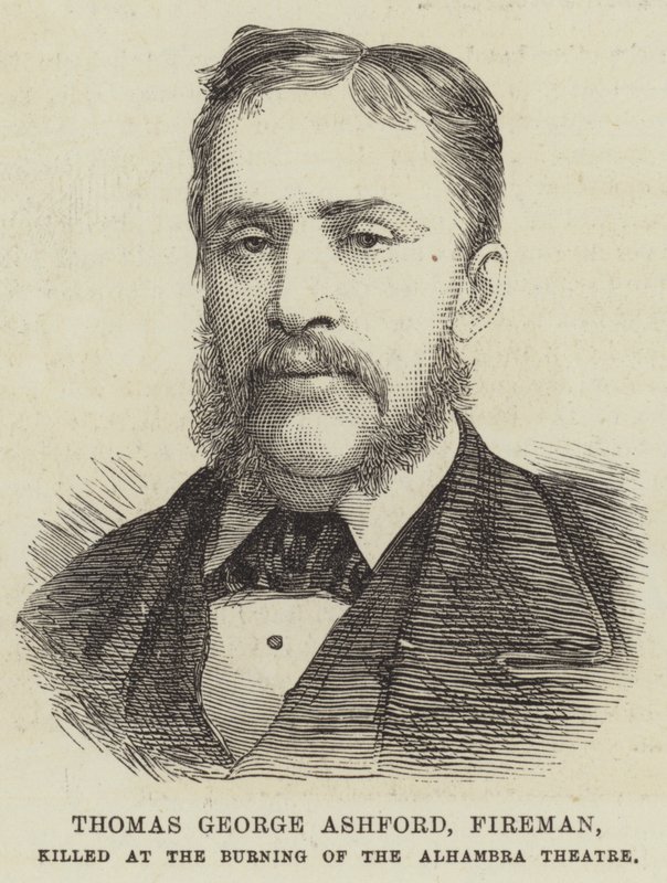 Thomas George Ashford, bombeiro, morto no Burning of the Alhambra Theatre (gravura) de English School
