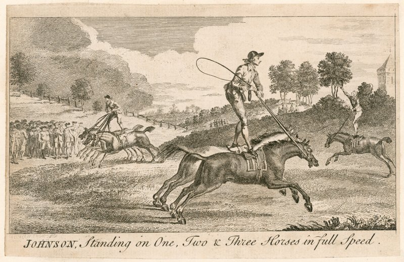 Thomas Johnson em pé em um, dois e três cavalos em velocidade máxima de English School