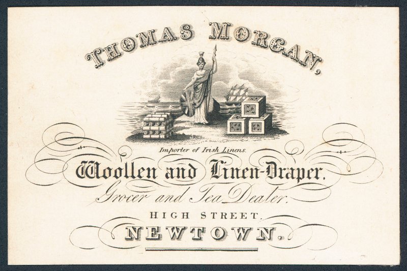 Thomas Morgan, drapeado de lã e linho, comerciante de produtos de mercearia e comerciante de chá, cartão comercial de English School
