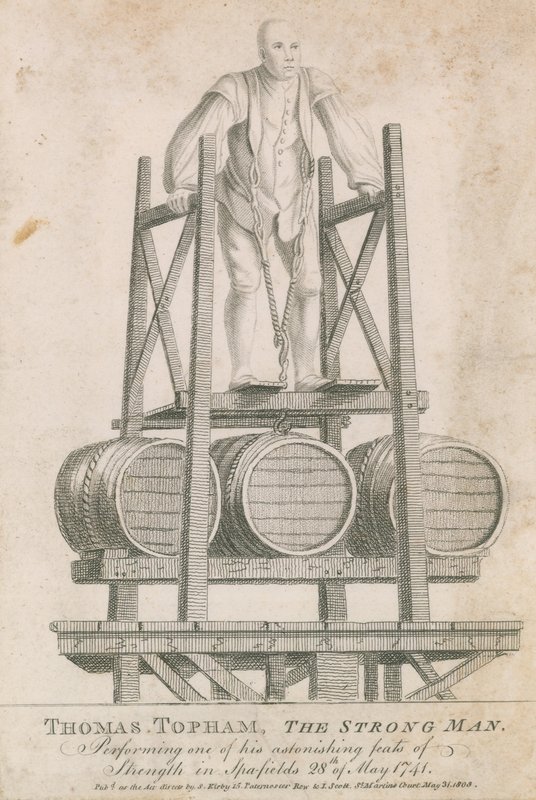 Thomas Topham, o homem forte, realizando um dos seus extraordinários feitos de força em Spitalfields, 28 de maio de 1741 de English School