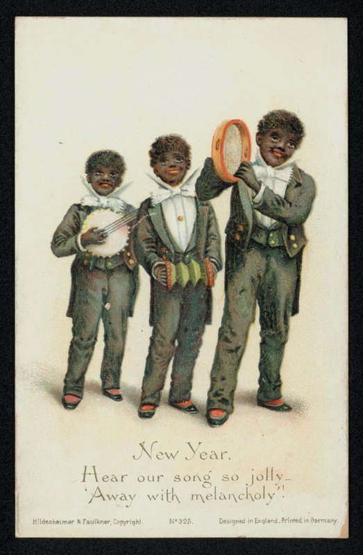 Três meninos negros tocando instrumentos musicais, cartão de Ano Novo (chromolitho) de English School