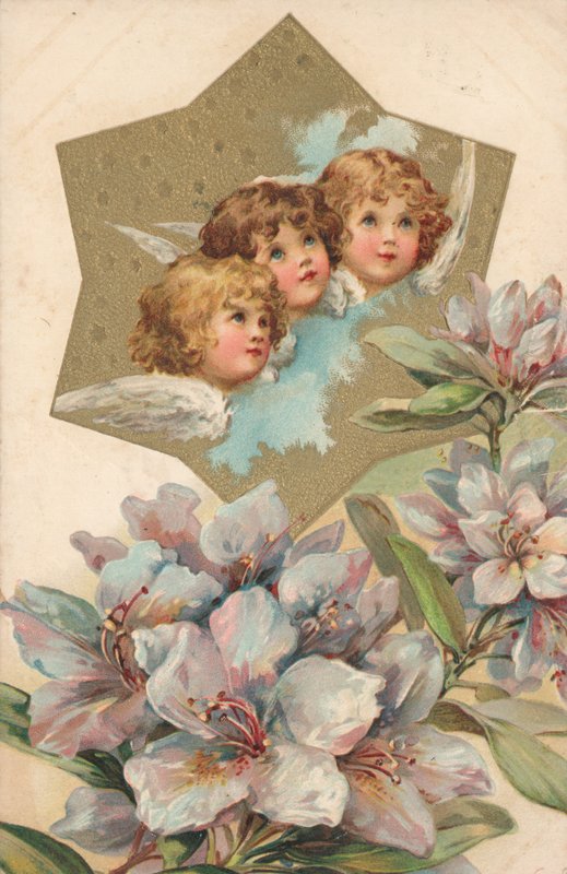 Três querubins em uma imagem decorada com flores de English School