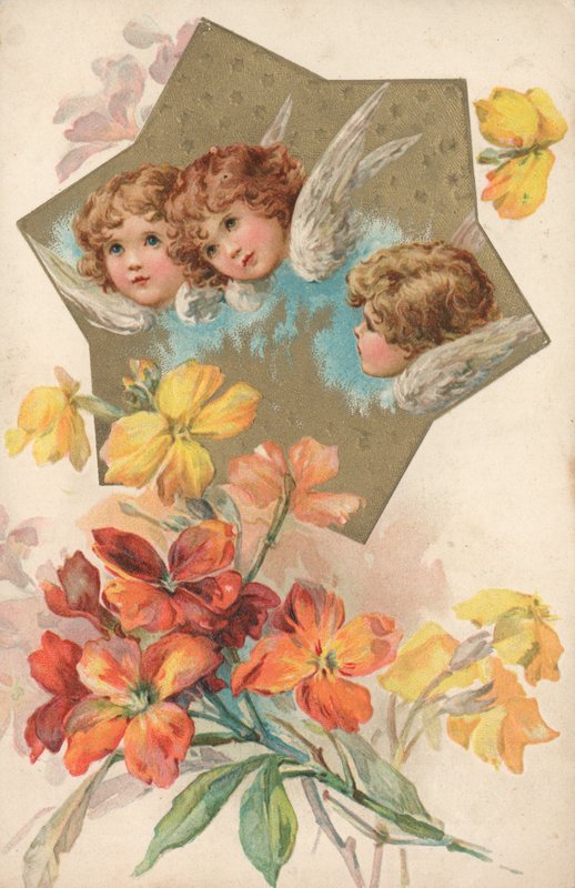 Três querubins em uma imagem decorada com flores de English School