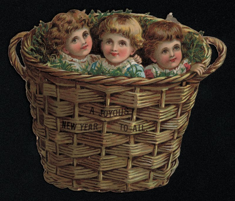 Três crianças numa cesta, cartão de boas-vindas de Ano Novo. (chromolitho) de English School