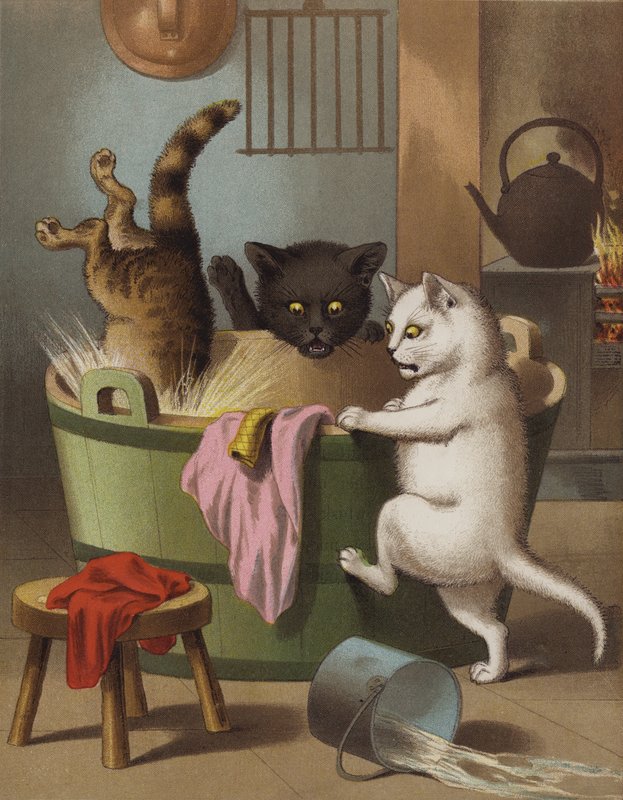 Três gatinhos brincando com uma banheira (chromolitho) de English School