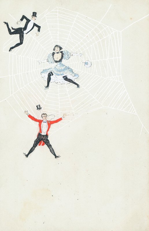 Três pessoas bem vestidas apanhadas em uma teia de aranha de English School