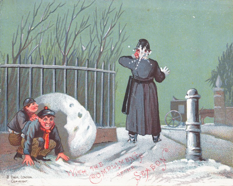 Jogando bolas de neve em um policial, cartão de Natal de English School