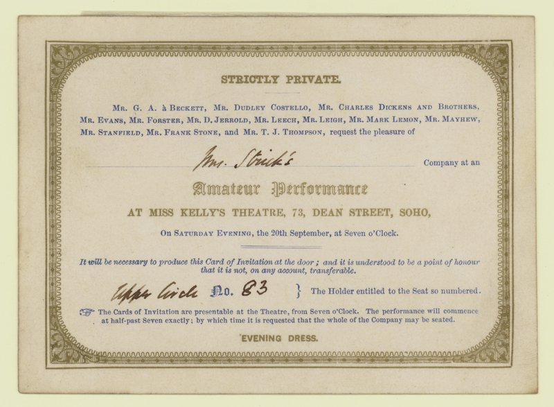 Bilhete para o desempenho dramático amador de Charles Dickens, 1845 de English School