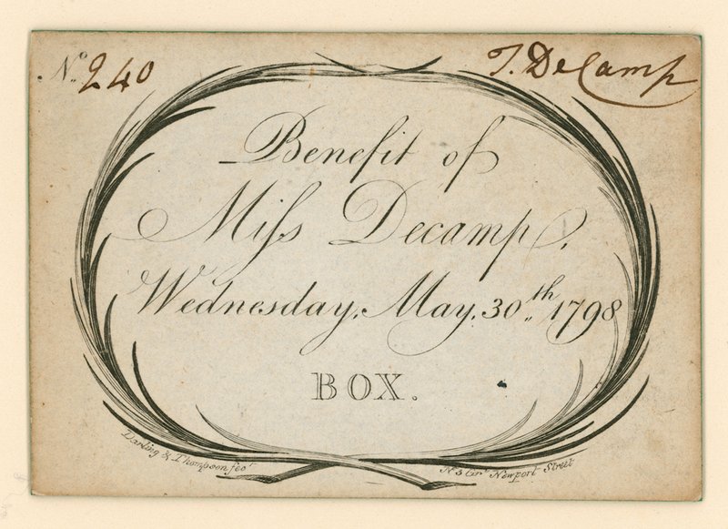 Bilhete para o Drury Lane Theatre, Londres: Benefício de Miss Decamp, 30 de maio de 1798 de English School