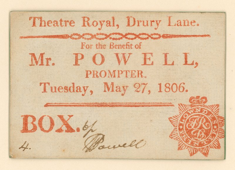 Bilhete para o Drury Lane Theatre, Londres: Para o benefício do Sr. Powell, prompter, 27 de maio de 1806 de English School