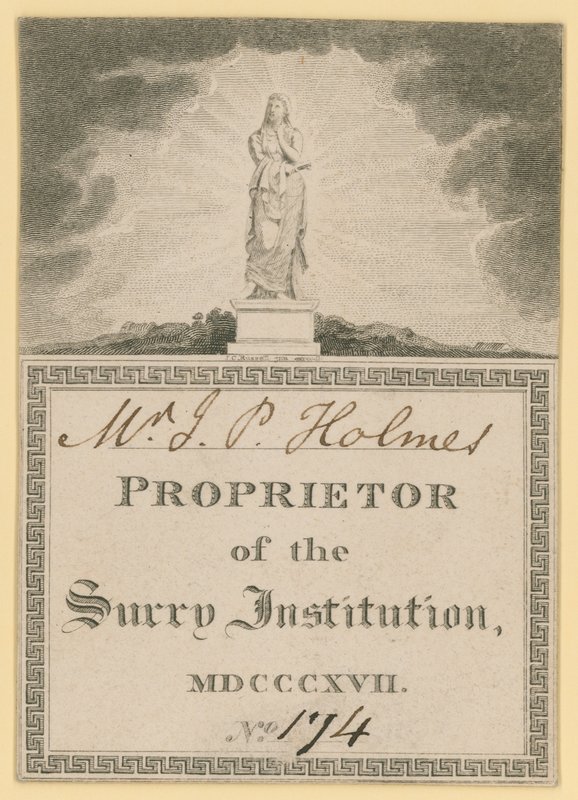 Bilhete para titular da Instituição Surrey, datada de 1817 de English School