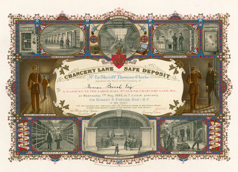 Bilhete para um banquete no grande salão do depósito seguro de Lane Chancery, 61-62 Chancery Lane, Londres de English School