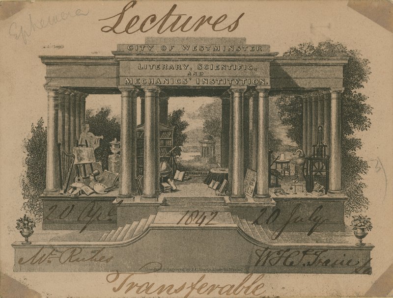 Bilhete para palestras na Instituição Literária, Científica e Mecânica da Cidade de Westminster de English School