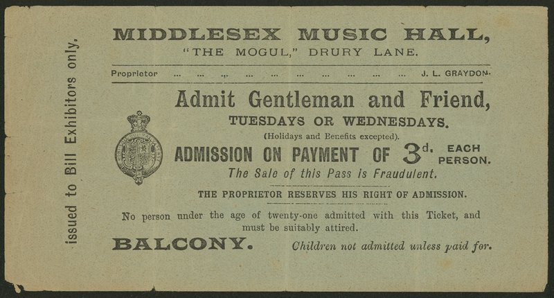 Bilhete para o Middlesex Music Hall, The Mogul, em Drury Lane, Londres de English School
