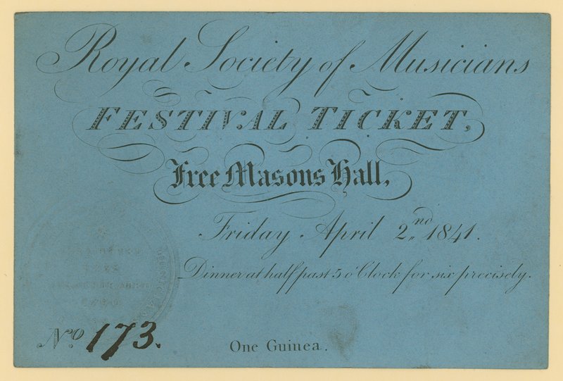Bilhete para o Royal Society of Musicians Festival, Free Masons Hall de English School